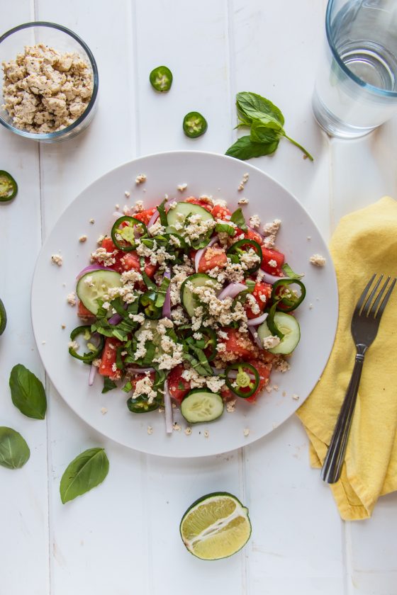 Watermelon Salad with Quinoa and Herbed Tofu Feta - The Nut-Free Vegan