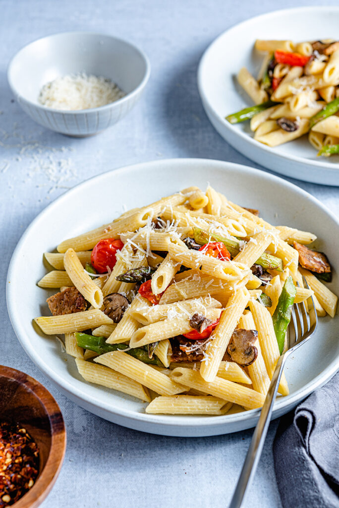 Creamy Penne with Asparagus and Tempeh Bacon - from the side