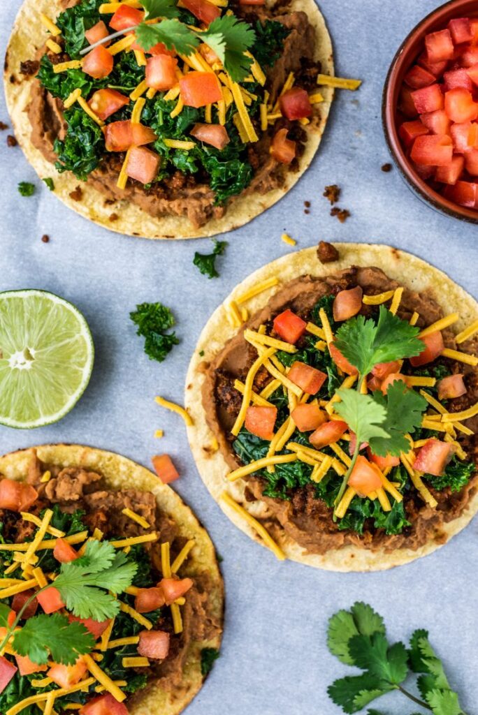 Beyond Meat Tostadas with Lime Marinated Kale Vegan Nut-Free Nutfreevegan Vegetarian Mexican Recipe