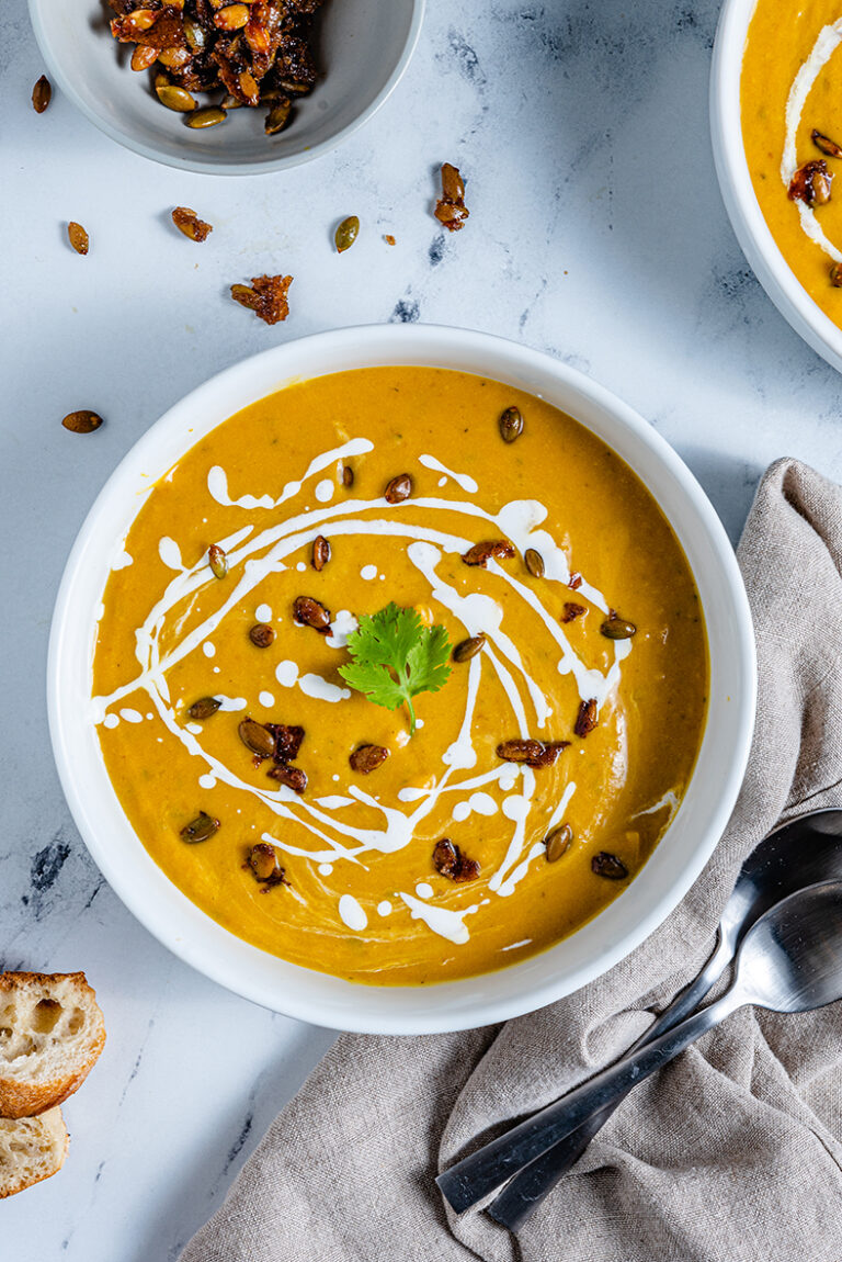 Pumpkin Bisque with Candied Pepitas - The Nut-Free Vegan